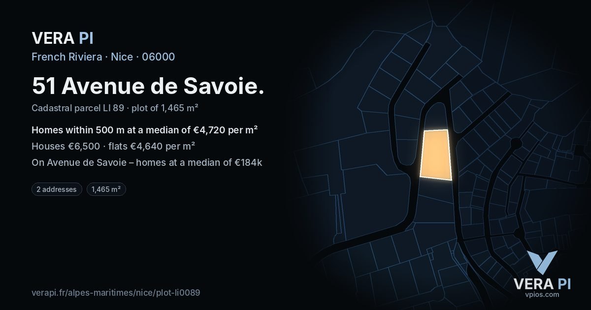 51 Avenue de Savoie, Nice at night – the plot lit, the parcels around coloured by the prices near them