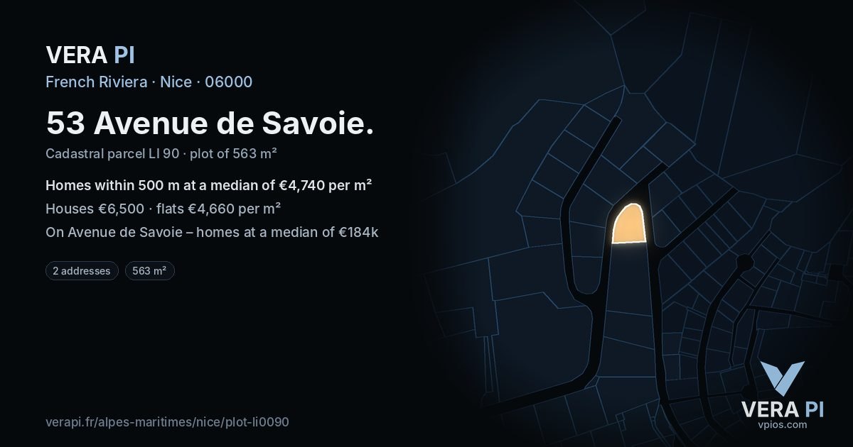 53 Avenue de Savoie, Nice at night – the plot lit, the parcels around coloured by the prices near them