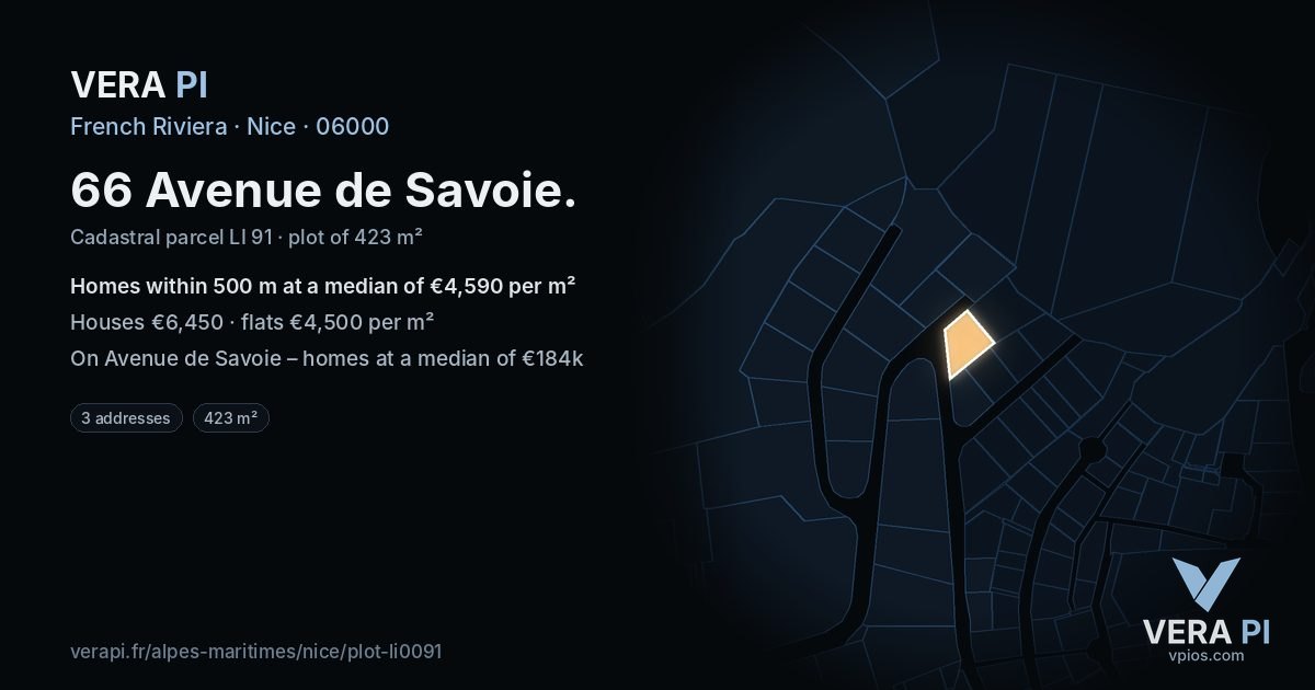 66 Avenue de Savoie, Nice at night – the plot lit, the parcels around coloured by the prices near them