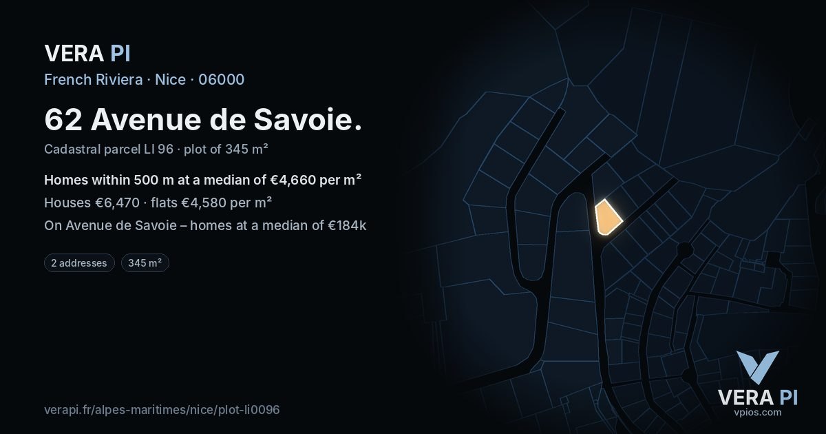 62 Avenue de Savoie, Nice at night – the plot lit, the parcels around coloured by the prices near them