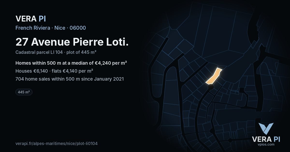 27 Avenue Pierre Loti, Nice at night – the plot lit, the parcels around coloured by the prices near them