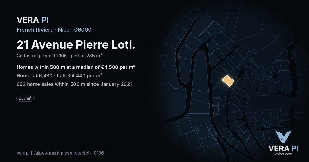 21 Avenue Pierre Loti, Nice at night – the plot lit, the parcels around coloured by the prices near them