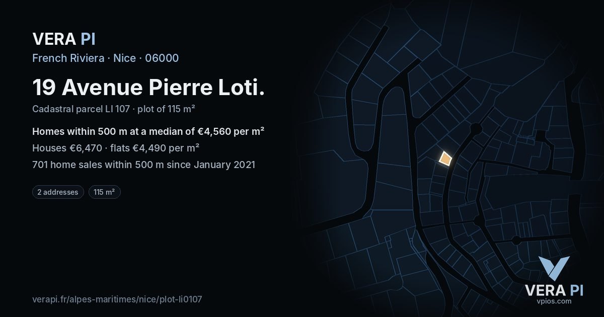 19 Avenue Pierre Loti, Nice at night – the plot lit, the parcels around coloured by the prices near them
