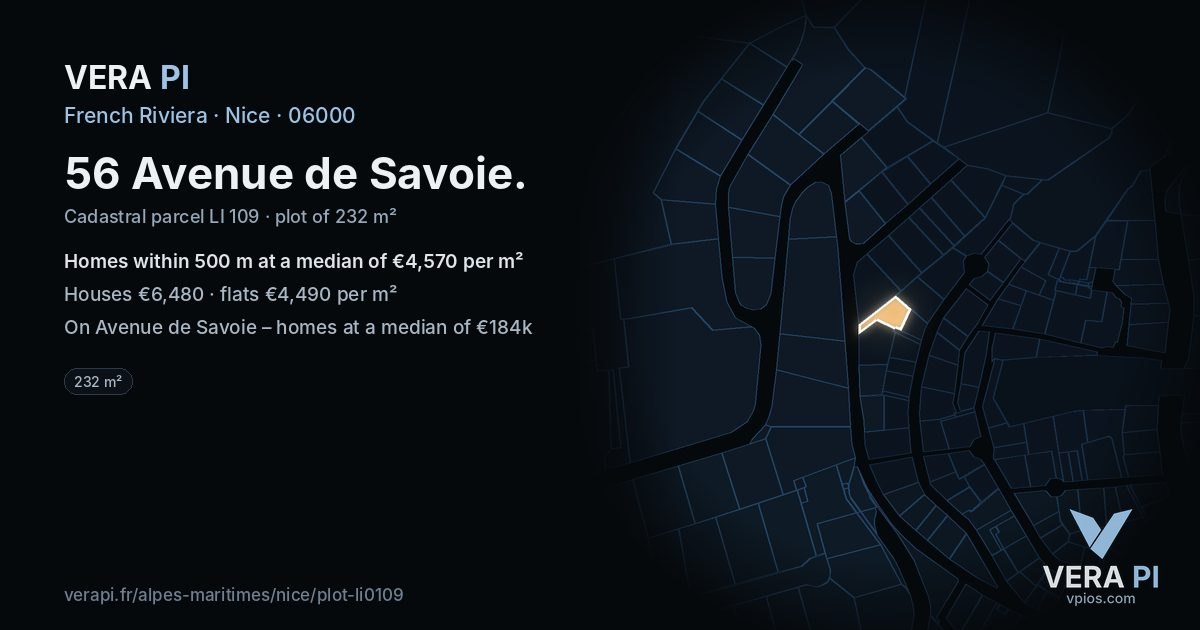 56 Avenue de Savoie, Nice at night – the plot lit, the parcels around coloured by the prices near them