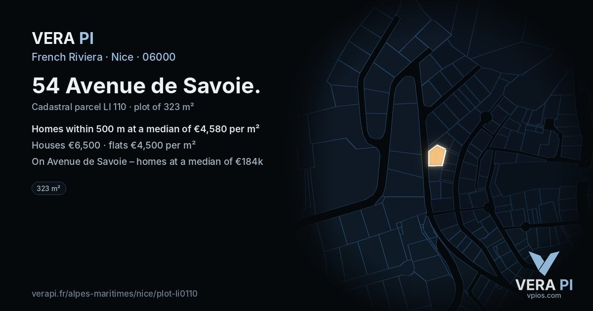 54 Avenue de Savoie, Nice at night – the plot lit, the parcels around coloured by the prices near them