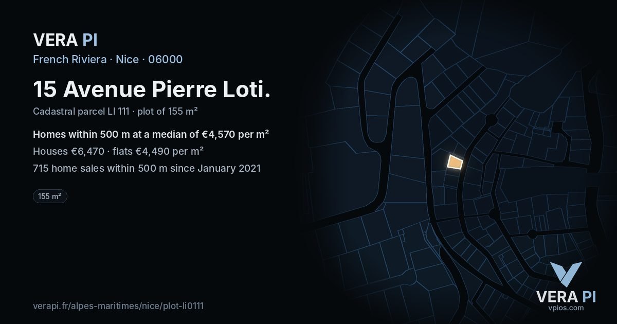 15 Avenue Pierre Loti, Nice at night – the plot lit, the parcels around coloured by the prices near them
