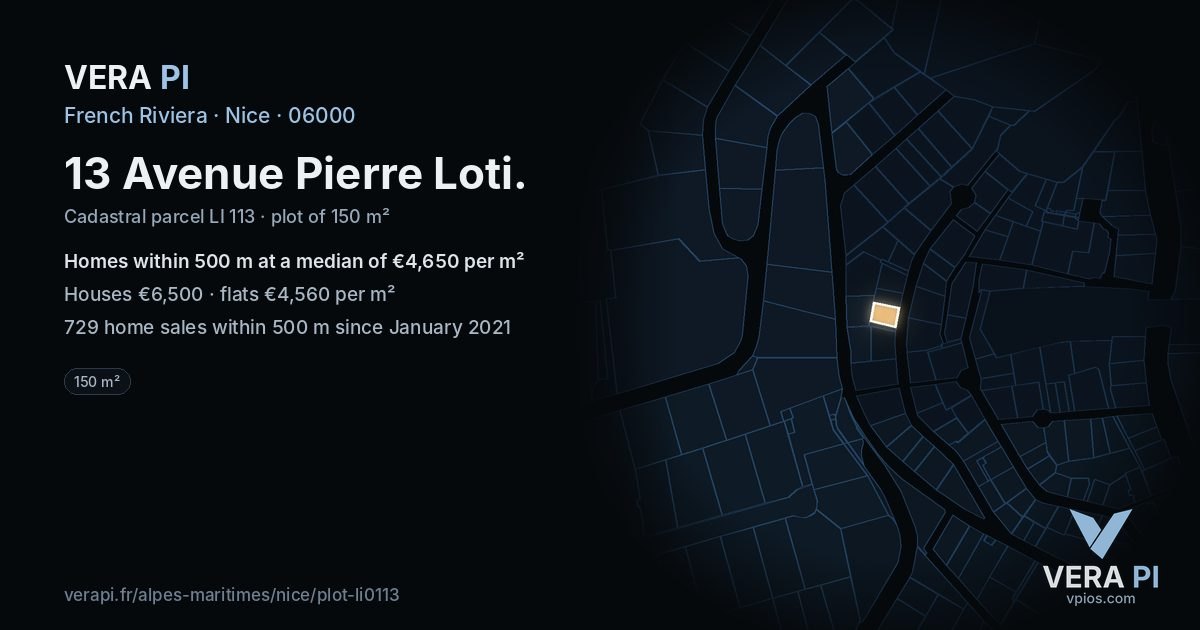 13 Avenue Pierre Loti, Nice at night – the plot lit, the parcels around coloured by the prices near them