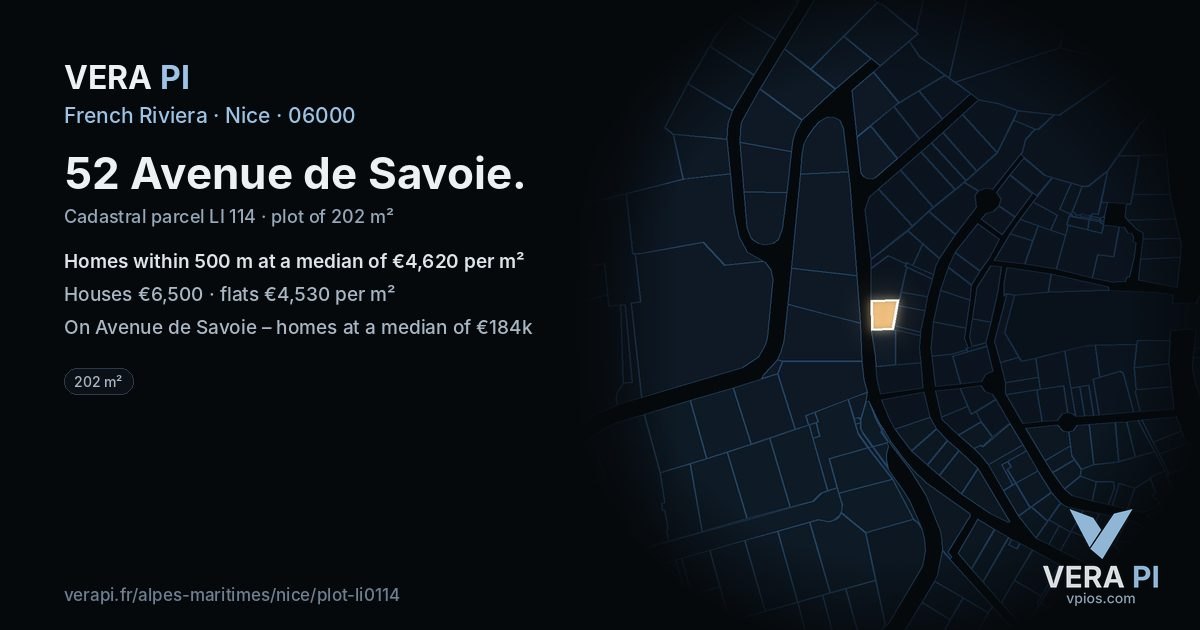 52 Avenue de Savoie, Nice at night – the plot lit, the parcels around coloured by the prices near them
