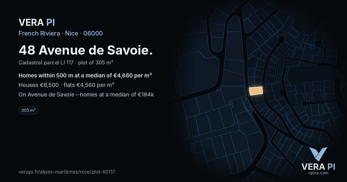 48 Avenue de Savoie, Nice at night – the plot lit, the parcels around coloured by the prices near them
