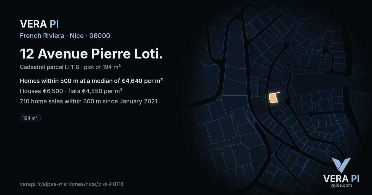 12 Avenue Pierre Loti, Nice at night – the plot lit, the parcels around coloured by the prices near them