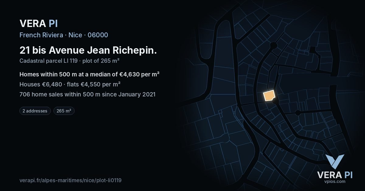 21 bis Avenue Jean Richepin, Nice at night – the plot lit, the parcels around coloured by the prices near them