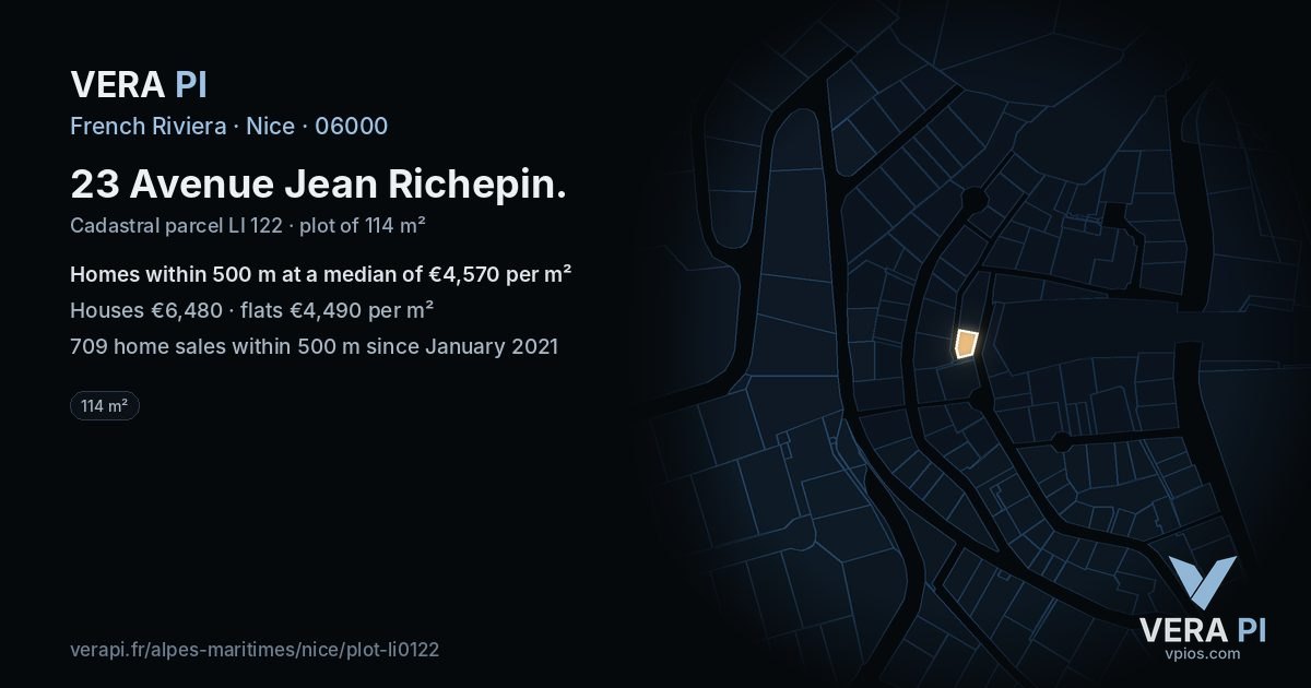 23 Avenue Jean Richepin, Nice at night – the plot lit, the parcels around coloured by the prices near them