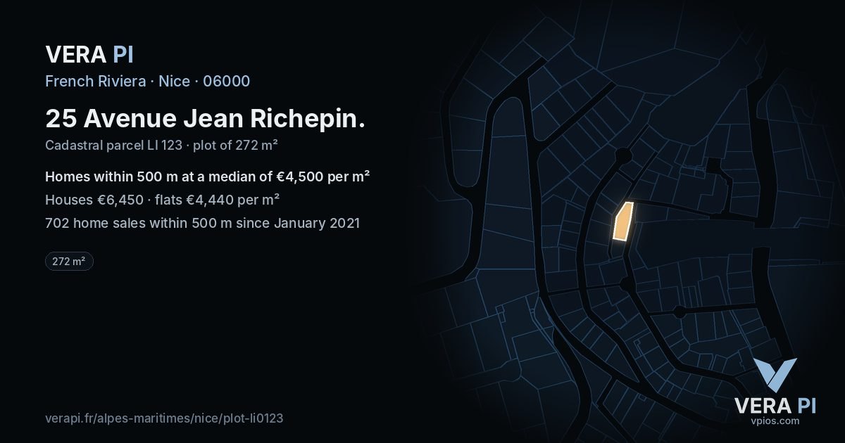 25 Avenue Jean Richepin, Nice at night – the plot lit, the parcels around coloured by the prices near them