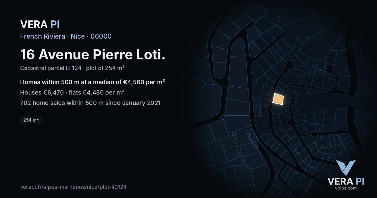 16 Avenue Pierre Loti, Nice at night – the plot lit, the parcels around coloured by the prices near them