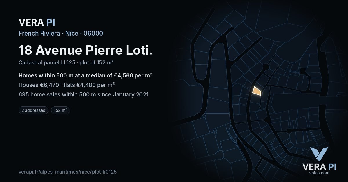 18 Avenue Pierre Loti, Nice at night – the plot lit, the parcels around coloured by the prices near them