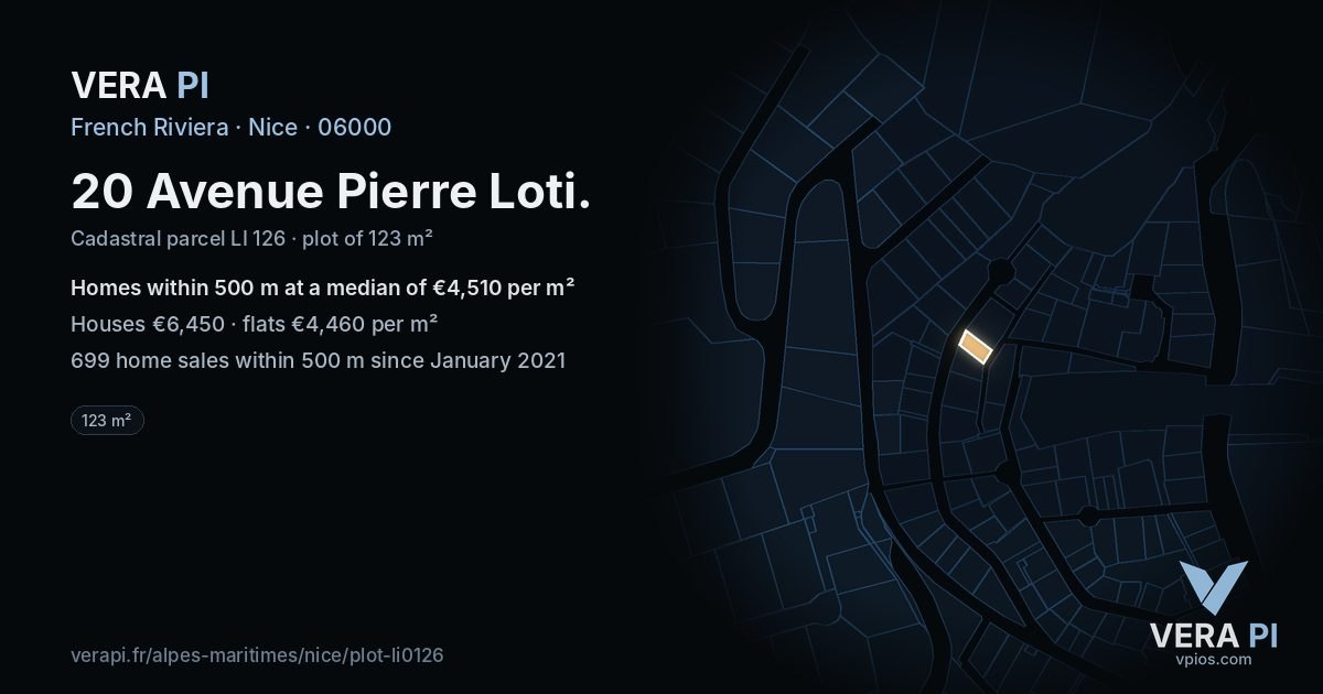 20 Avenue Pierre Loti, Nice at night – the plot lit, the parcels around coloured by the prices near them