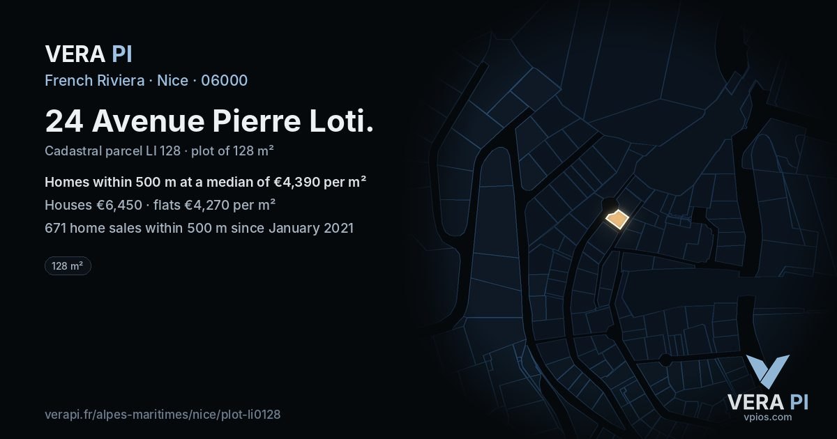 24 Avenue Pierre Loti, Nice at night – the plot lit, the parcels around coloured by the prices near them