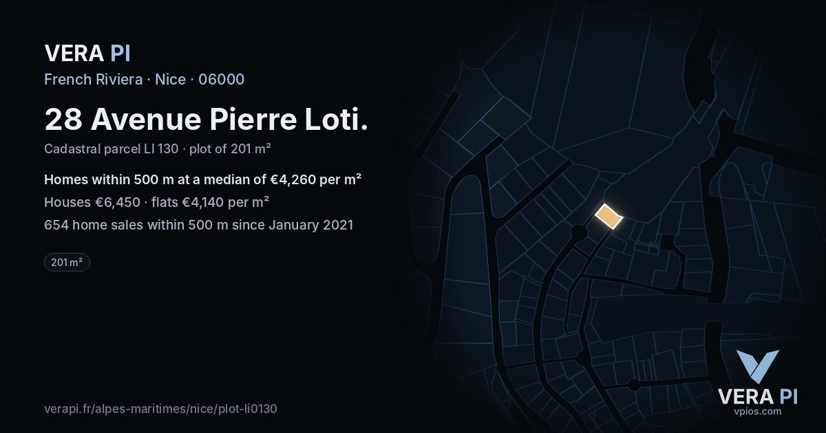 28 Avenue Pierre Loti, Nice at night – the plot lit, the parcels around coloured by the prices near them