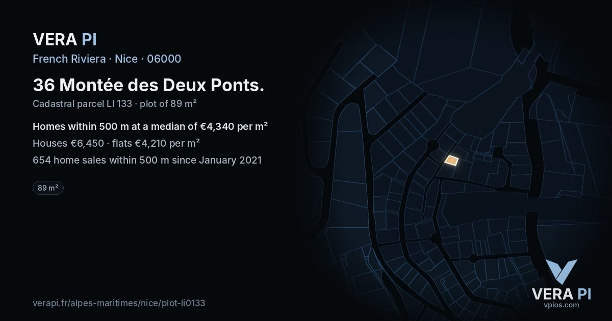 36 Montée des Deux Ponts, Nice at night – the plot lit, the parcels around coloured by the prices near them