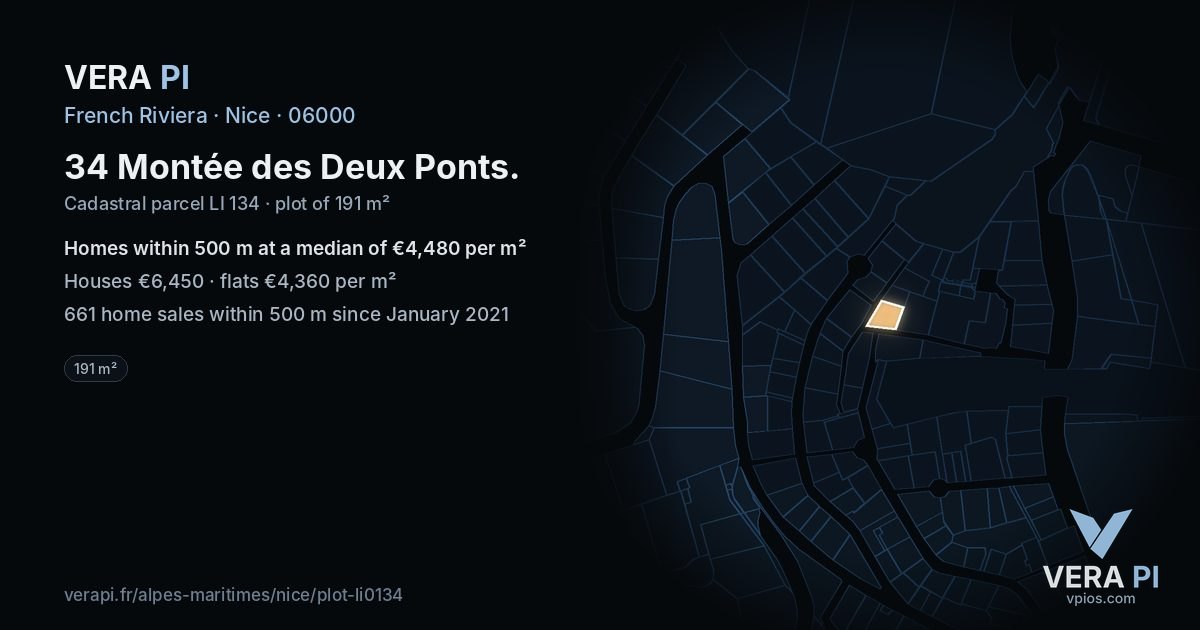 34 Montée des Deux Ponts, Nice at night – the plot lit, the parcels around coloured by the prices near them