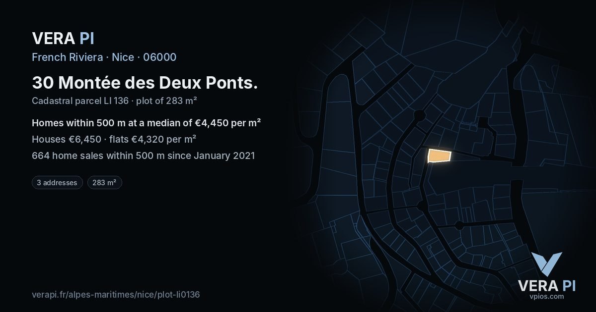 30 Montée des Deux Ponts, Nice at night – the plot lit, the parcels around coloured by the prices near them