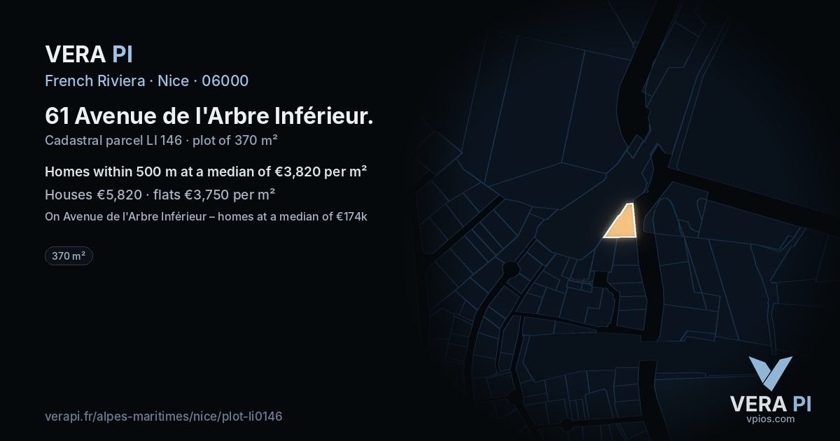 61 Avenue de l'Arbre Inférieur, Nice at night – the plot lit, the parcels around coloured by the prices near them