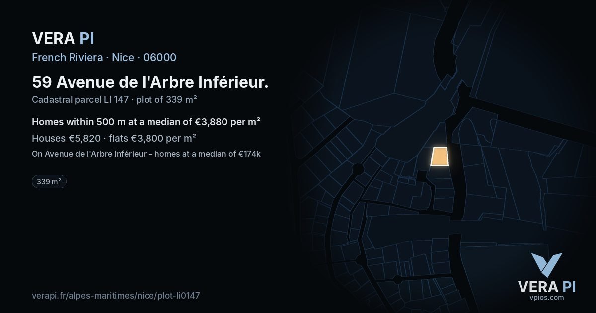 59 Avenue de l'Arbre Inférieur, Nice at night – the plot lit, the parcels around coloured by the prices near them