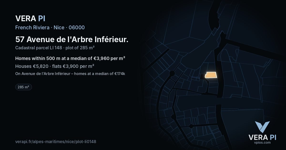 57 Avenue de l'Arbre Inférieur, Nice at night – the plot lit, the parcels around coloured by the prices near them