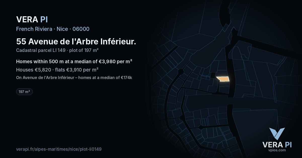 55 Avenue de l'Arbre Inférieur, Nice at night – the plot lit, the parcels around coloured by the prices near them