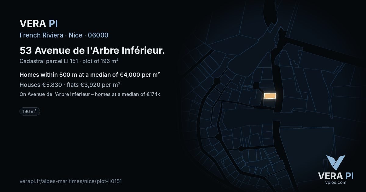 53 Avenue de l'Arbre Inférieur, Nice at night – the plot lit, the parcels around coloured by the prices near them
