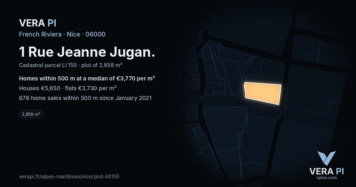 1 Rue Jeanne Jugan, Nice at night – the plot lit, the parcels around coloured by the prices near them