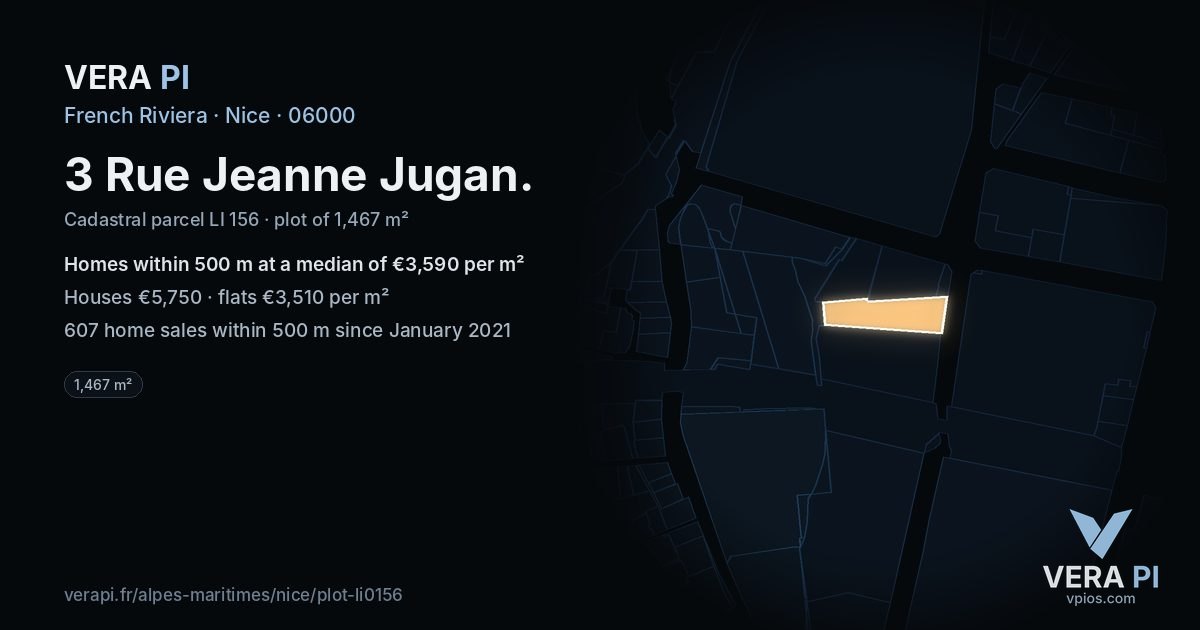 3 Rue Jeanne Jugan, Nice at night – the plot lit, the parcels around coloured by the prices near them