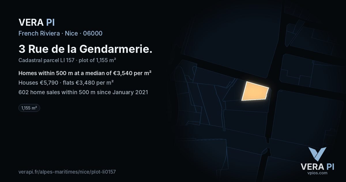 3 Rue de la Gendarmerie, Nice at night – the plot lit, the parcels around coloured by the prices near them
