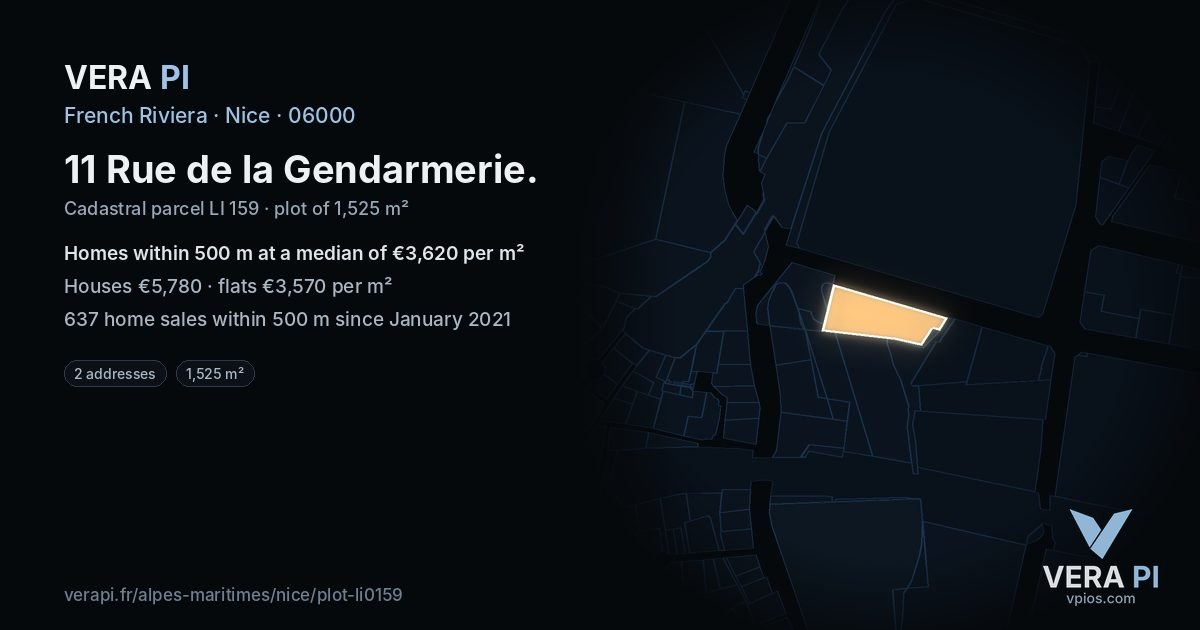 11 Rue de la Gendarmerie, Nice at night – the plot lit, the parcels around coloured by the prices near them