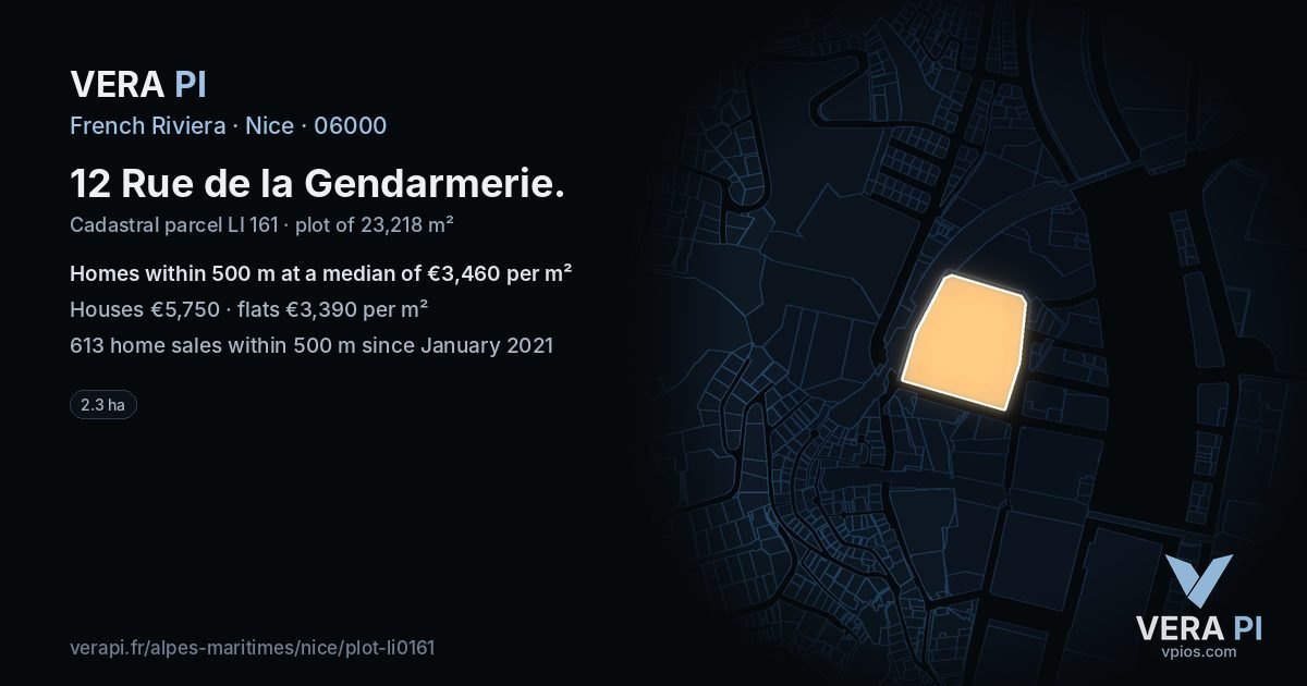 12 Rue de la Gendarmerie, Nice at night – the plot lit, the parcels around coloured by the prices near them