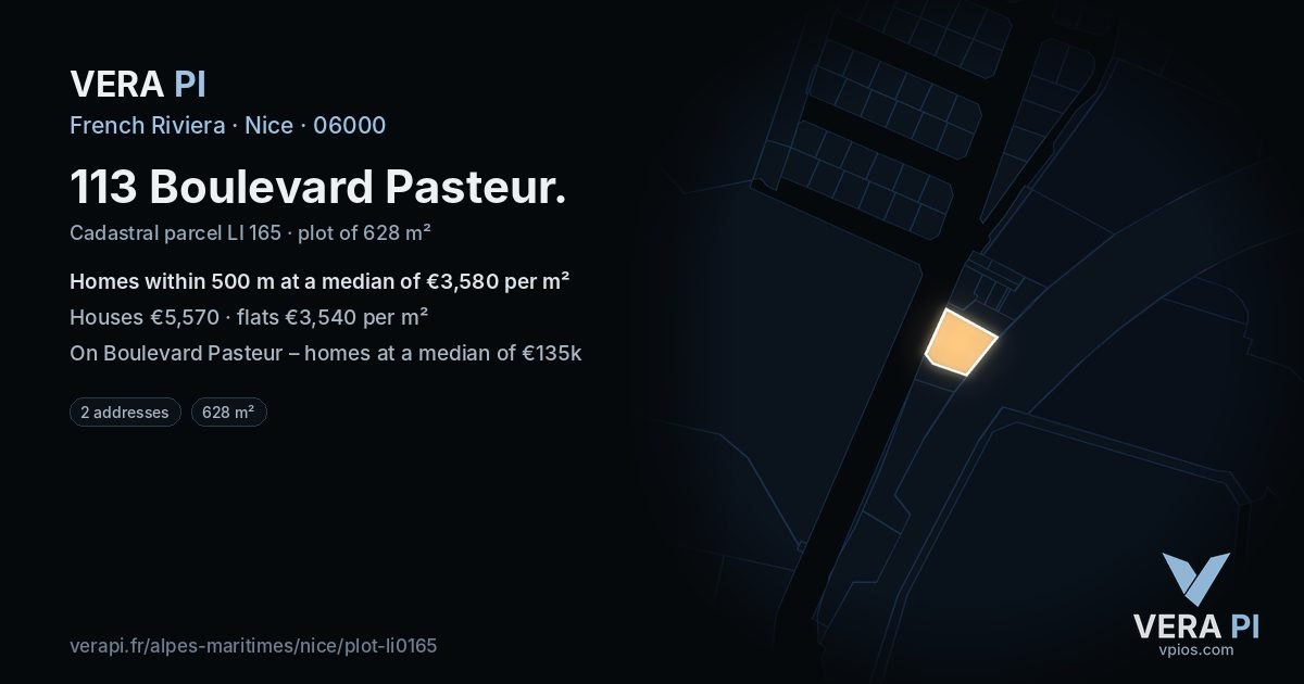 113 Boulevard Pasteur, Nice at night – the plot lit, the parcels around coloured by the prices near them