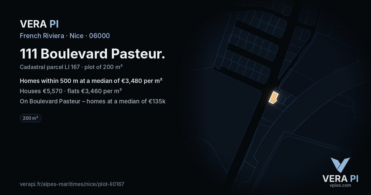 111 Boulevard Pasteur, Nice at night – the plot lit, the parcels around coloured by the prices near them