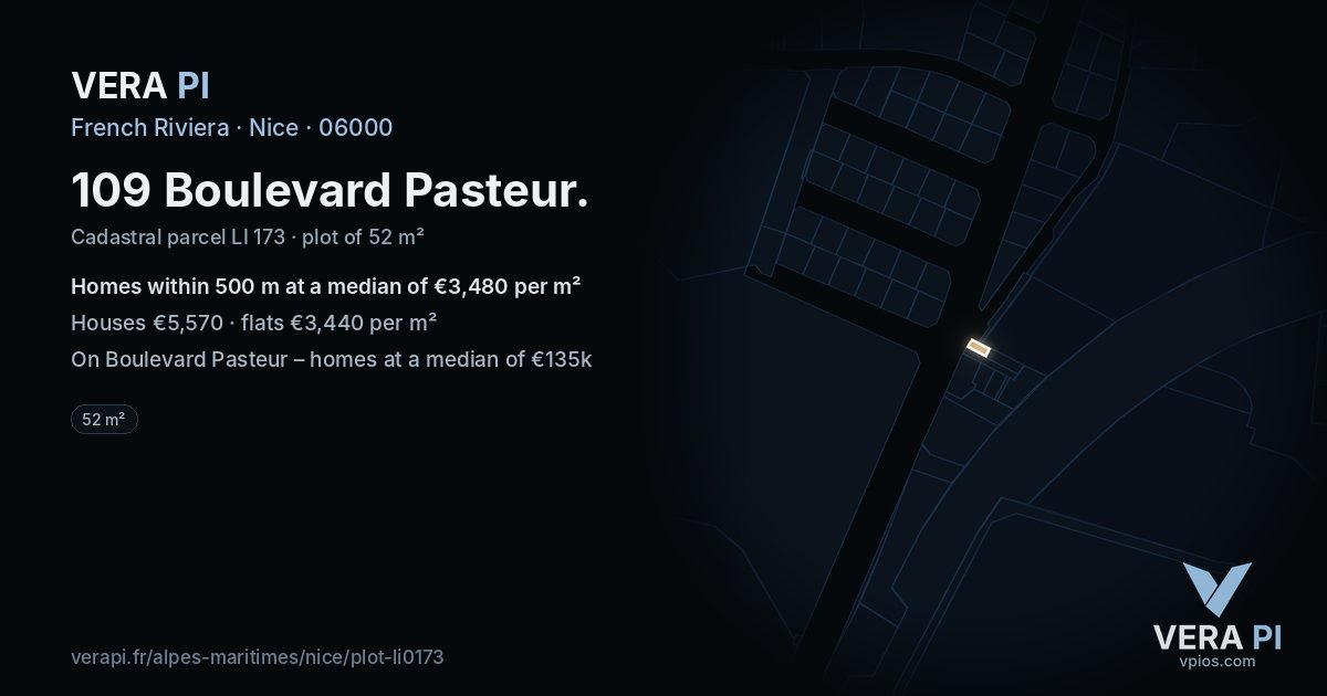 109 Boulevard Pasteur, Nice at night – the plot lit, the parcels around coloured by the prices near them