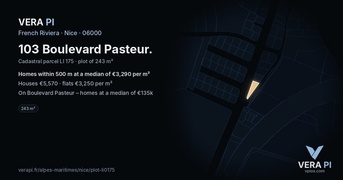 103 Boulevard Pasteur, Nice at night – the plot lit, the parcels around coloured by the prices near them
