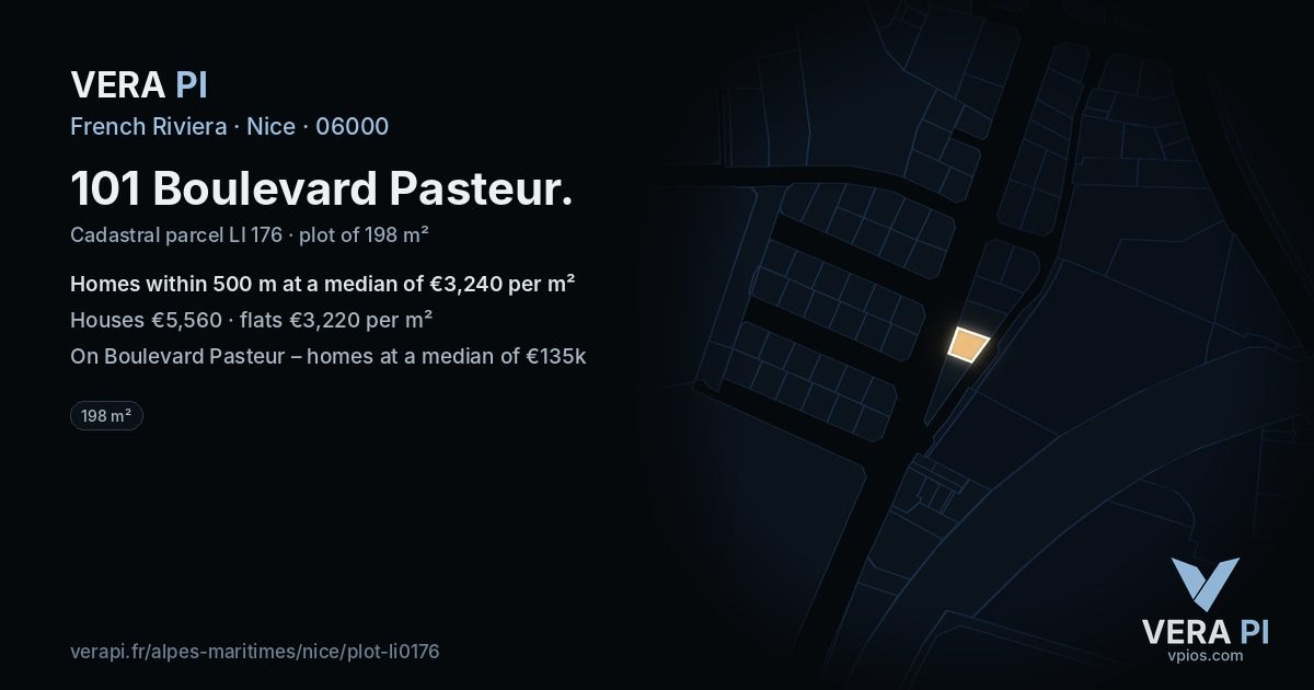 101 Boulevard Pasteur, Nice at night – the plot lit, the parcels around coloured by the prices near them