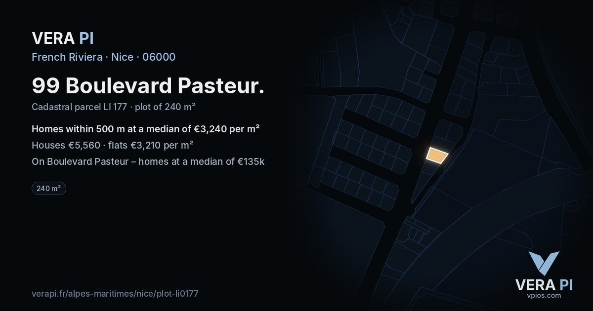 99 Boulevard Pasteur, Nice at night – the plot lit, the parcels around coloured by the prices near them