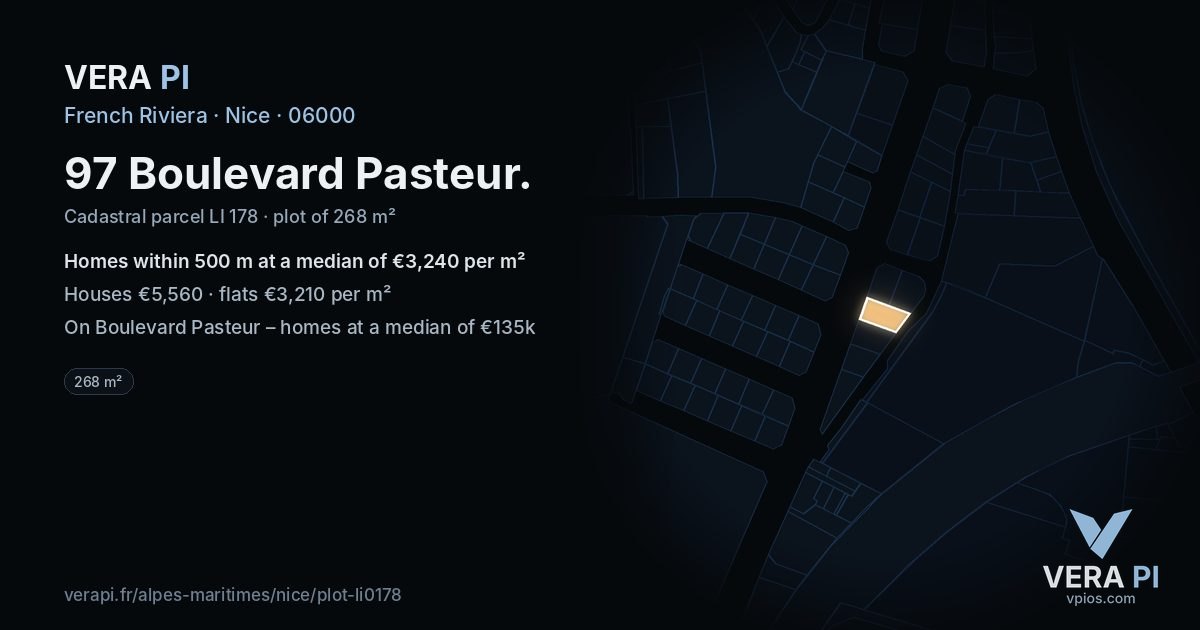 97 Boulevard Pasteur, Nice at night – the plot lit, the parcels around coloured by the prices near them