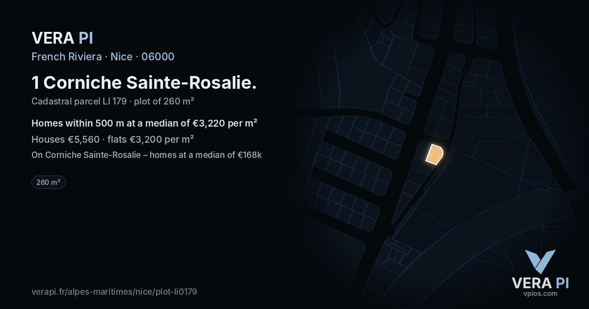1 Corniche Sainte-Rosalie, Nice at night – the plot lit, the parcels around coloured by the prices near them