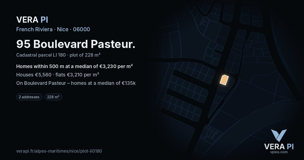 95 Boulevard Pasteur, Nice at night – the plot lit, the parcels around coloured by the prices near them