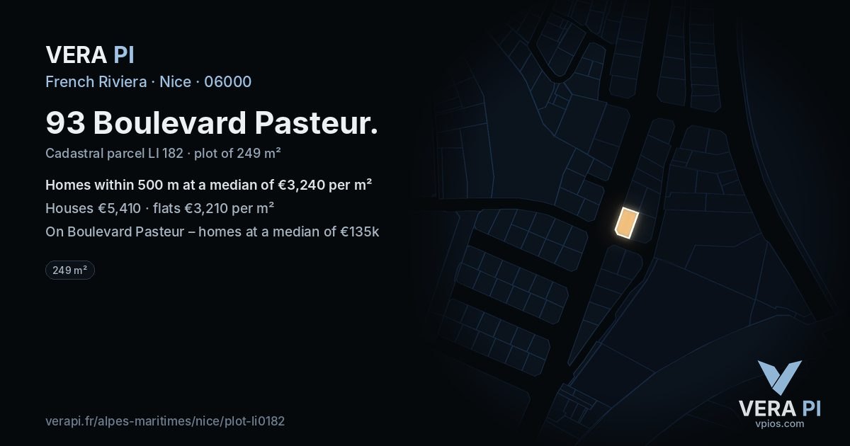 93 Boulevard Pasteur, Nice at night – the plot lit, the parcels around coloured by the prices near them