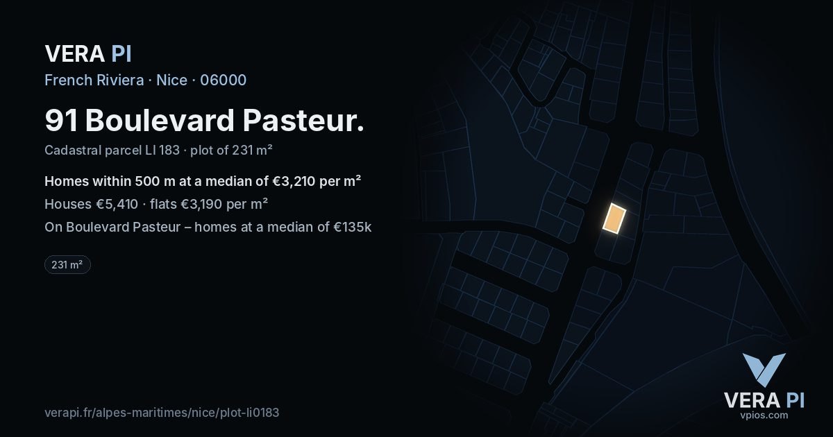 91 Boulevard Pasteur, Nice at night – the plot lit, the parcels around coloured by the prices near them