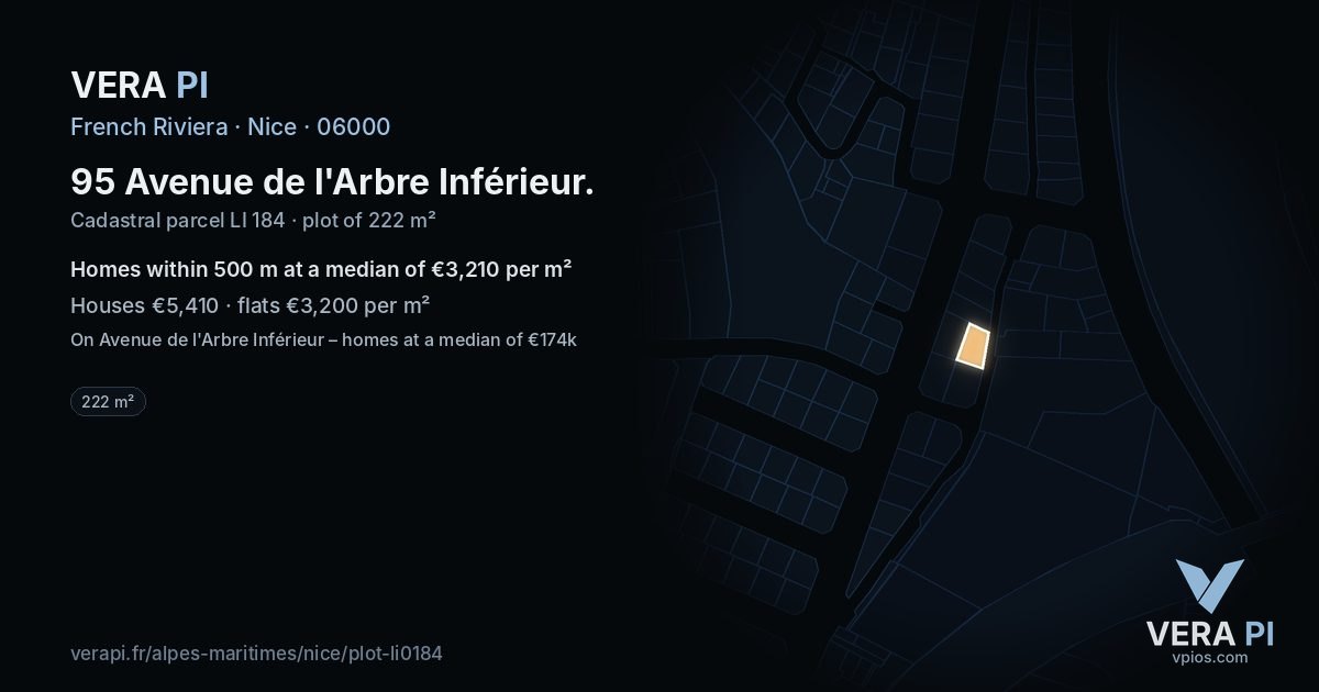 95 Avenue de l'Arbre Inférieur, Nice at night – the plot lit, the parcels around coloured by the prices near them