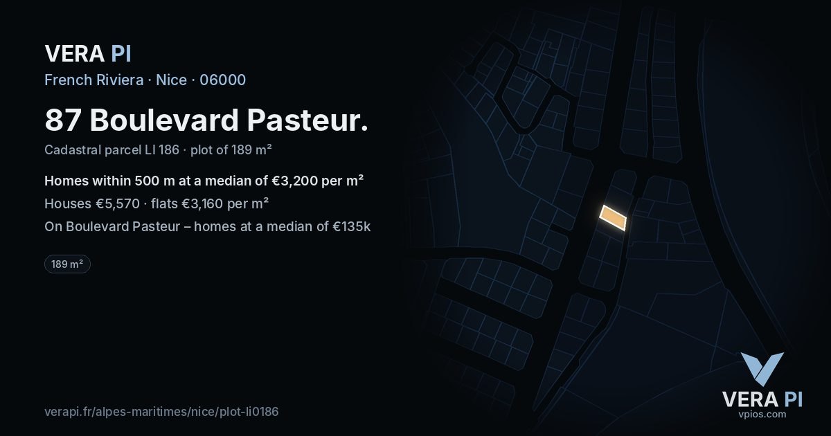 87 Boulevard Pasteur, Nice at night – the plot lit, the parcels around coloured by the prices near them