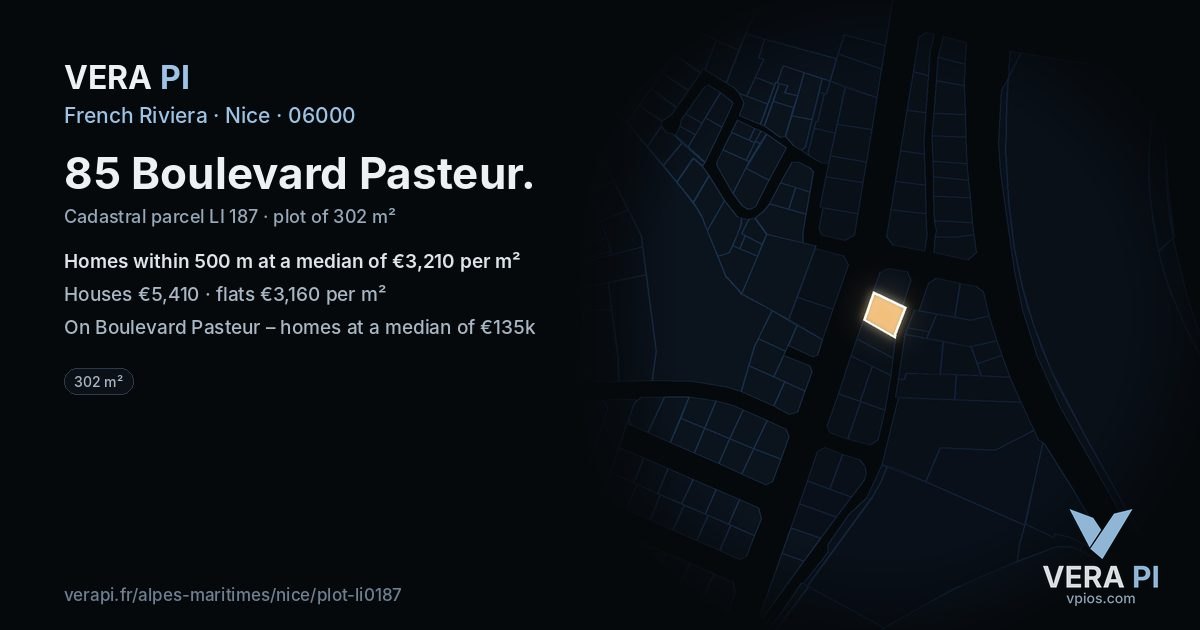 85 Boulevard Pasteur, Nice at night – the plot lit, the parcels around coloured by the prices near them