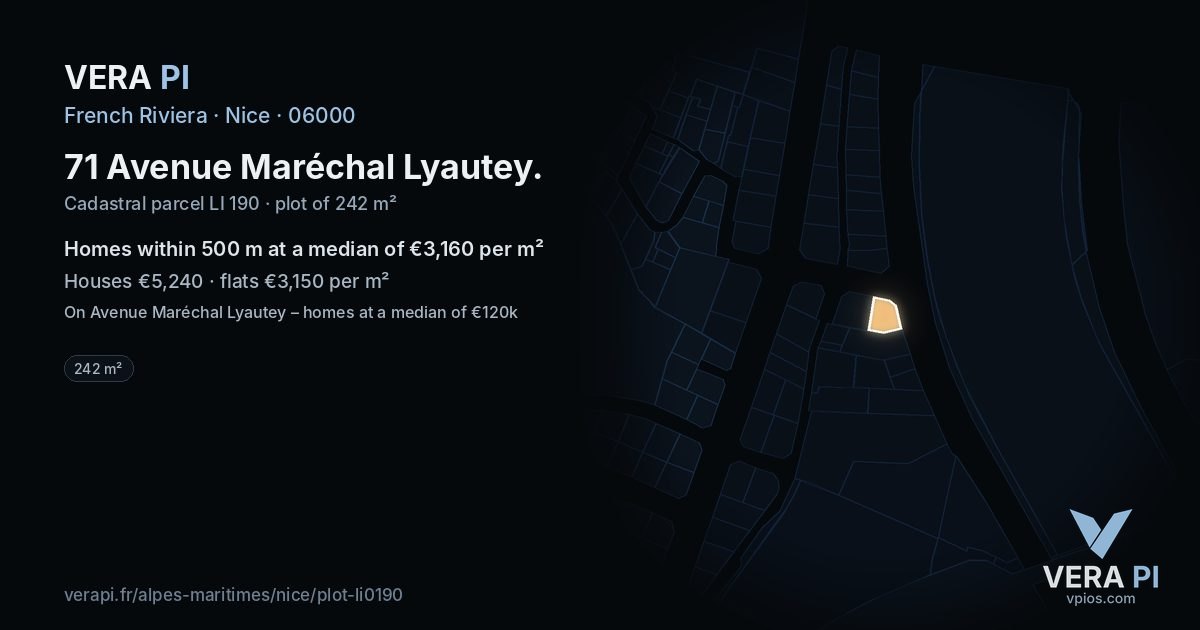 71 Avenue Maréchal Lyautey, Nice at night – the plot lit, the parcels around coloured by the prices near them